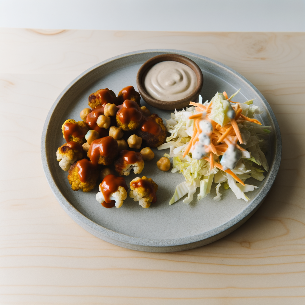 Buffalo Chickpea Cauliflower Bites with Ranch Slaw
