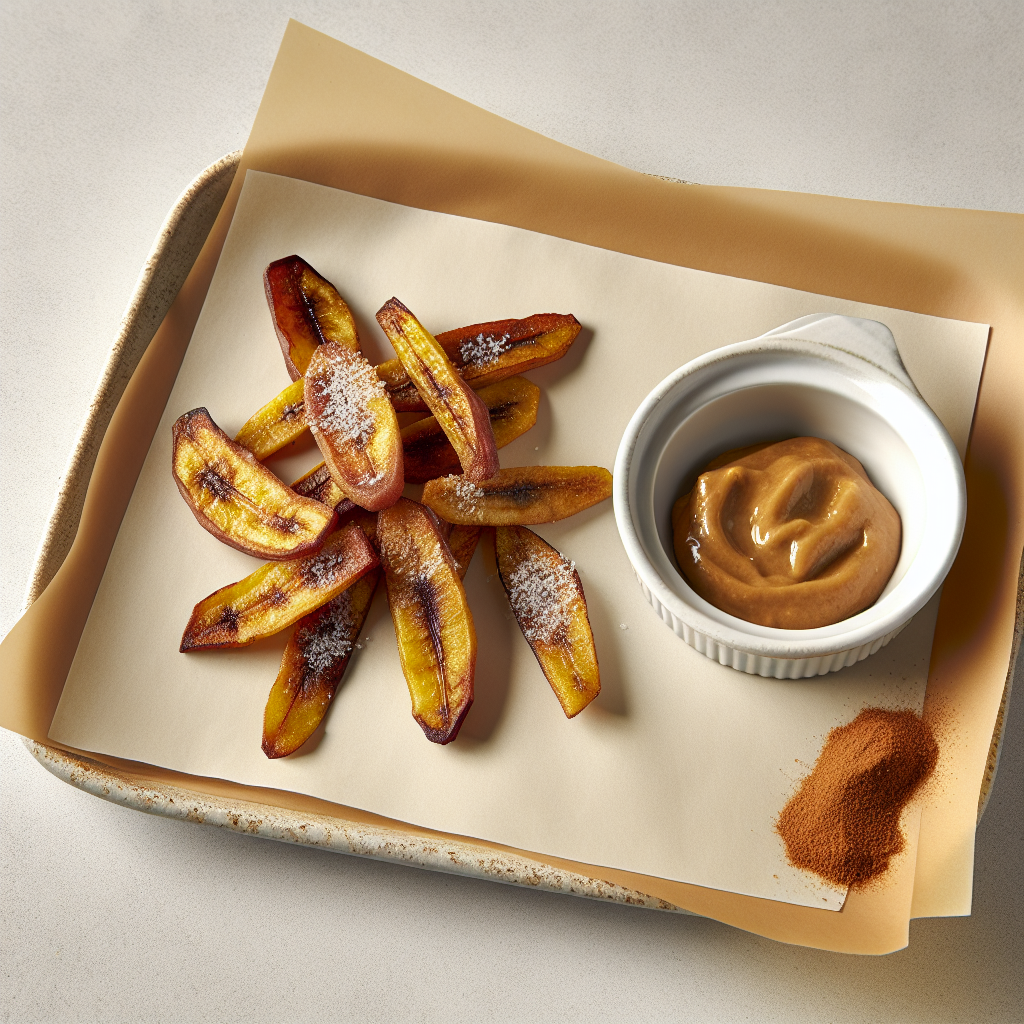 Baked Cinnamon Plantain Fries with Date-Caramel Dip
