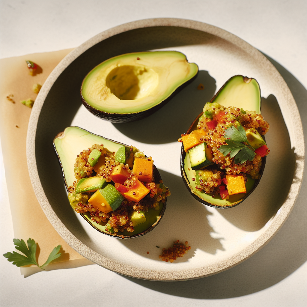 Harissa-Spiced Quinoa & Roasted Veggie Stuffed Avocados