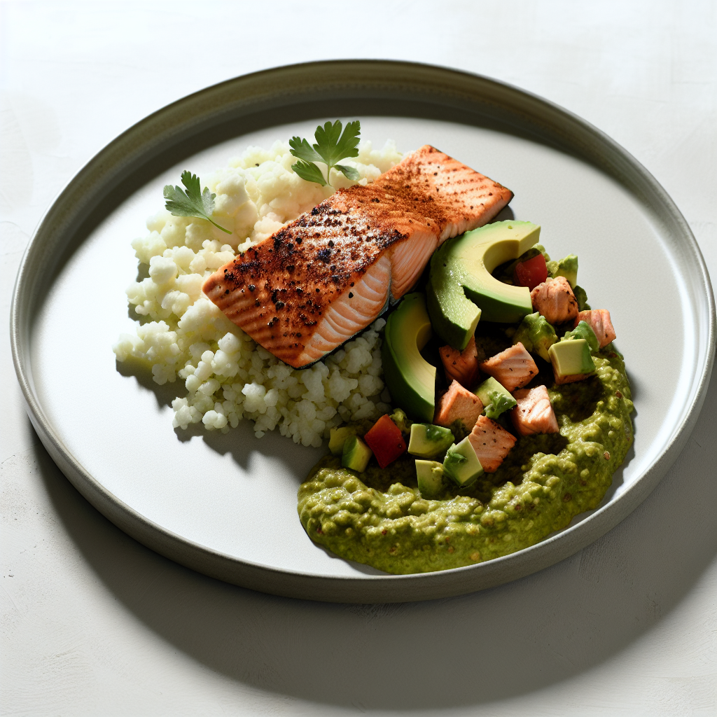 Grilled Salmon Over Avocado Chimichurri Cauliflower Rice