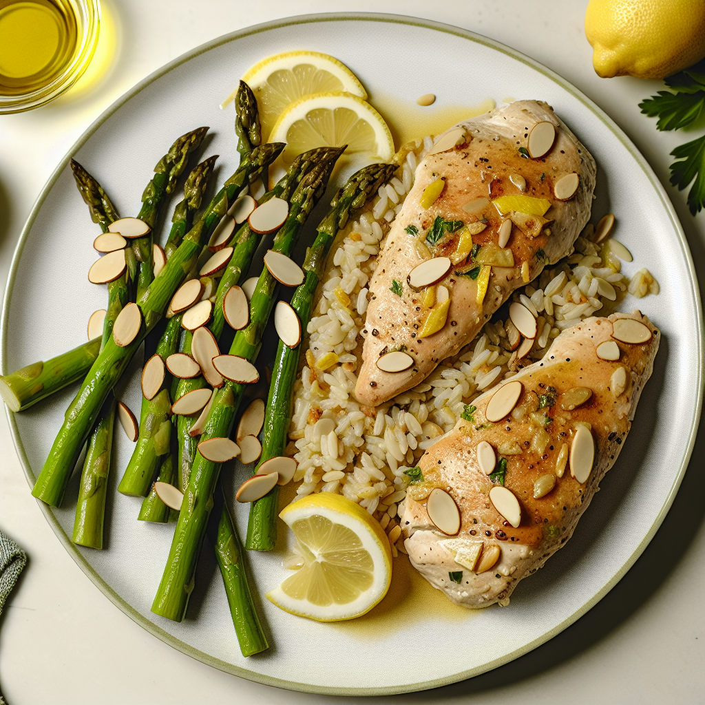 Lemon-Dijon Seared Chicken with Asparagus Almond Pilaf
