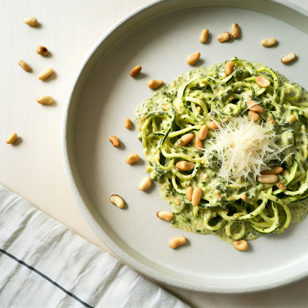 Zucchini Noodle Alfredo with Pesto Cream & Toasted Pine Nuts
