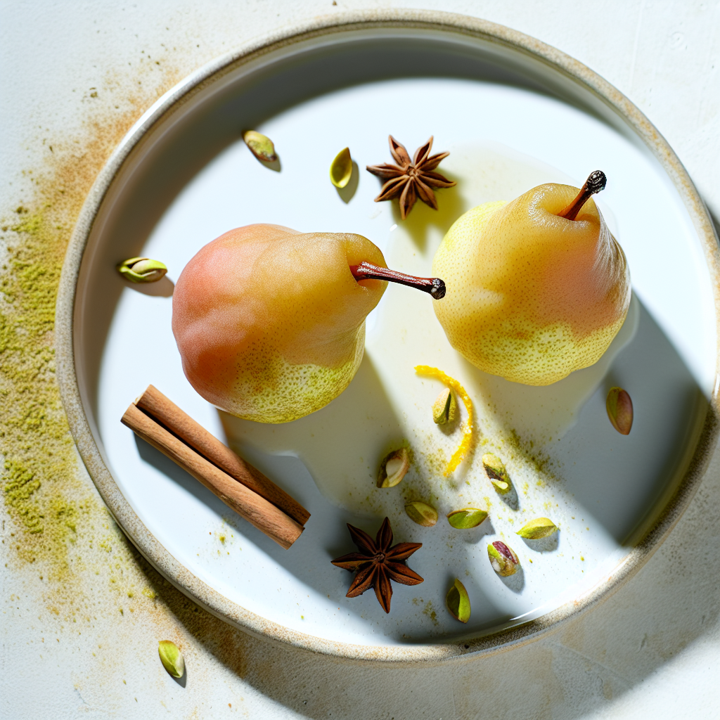 Spiced Poached Pear Halves with Pistachio Dust