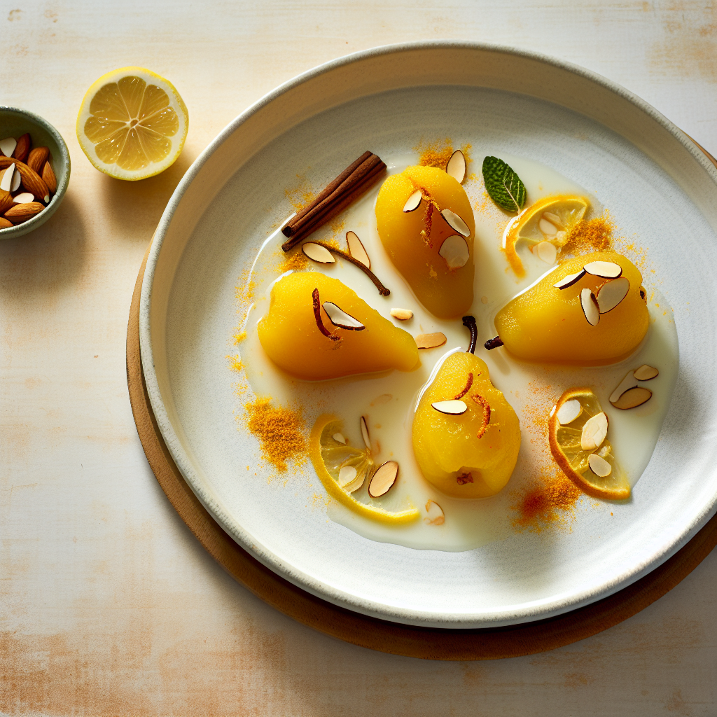 Saffron & Citrus Poached Pears with Almond Dust