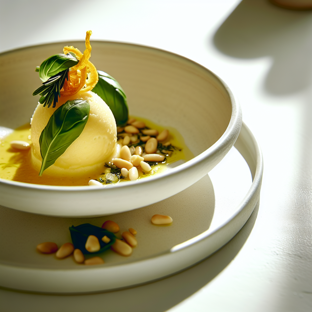 Lemon Olive Oil Sorbet with Basil & Pine Nuts