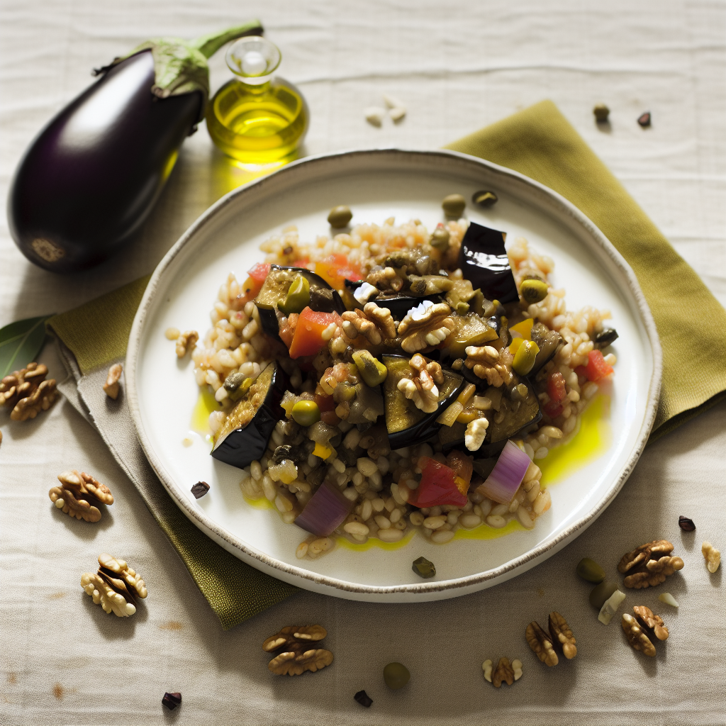 Eggplant Caponata with Walnuts over Farro