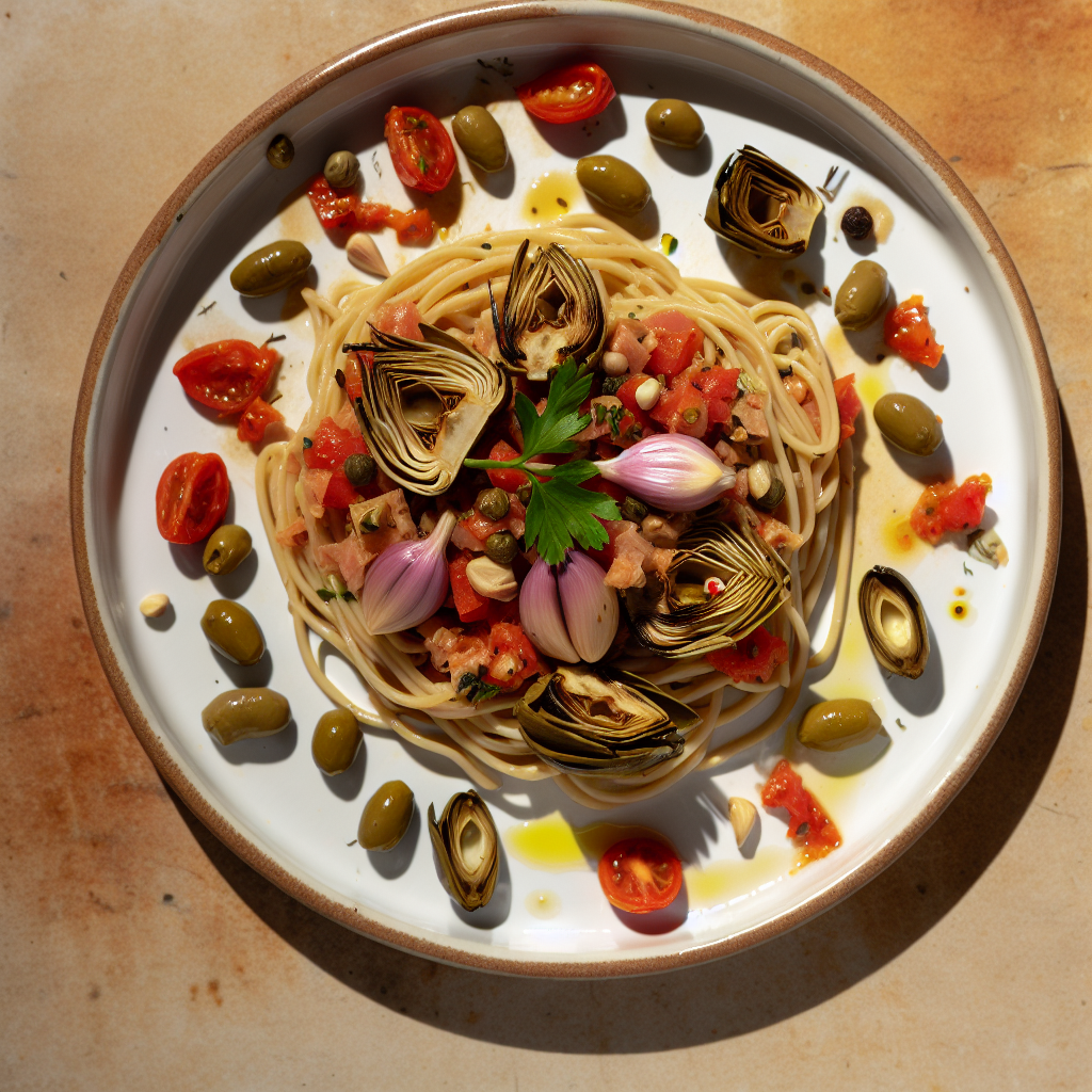Spaghetti alla Puttanesca with Grilled Artichoke Hearts