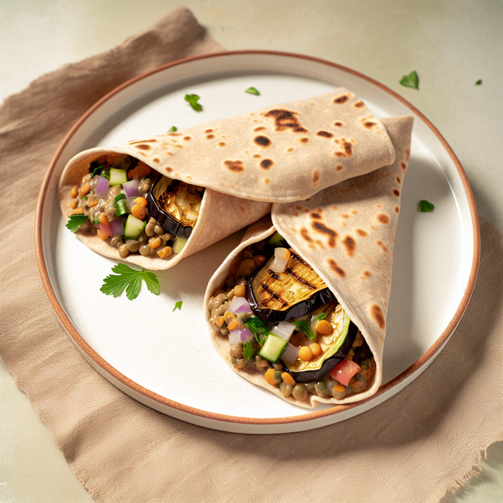 Grilled Eggplant & Lentil Tabouli Wraps with Lemon-Tahini Drizzle