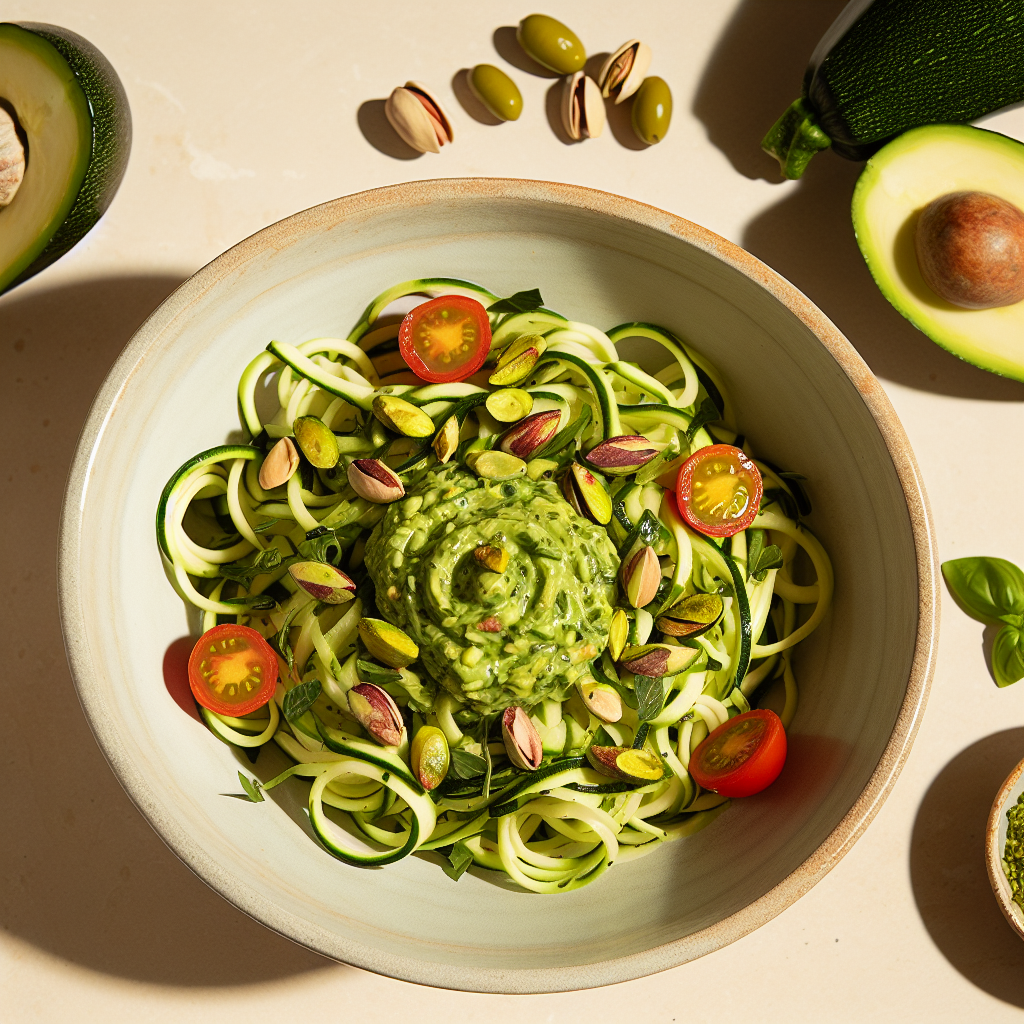 Zucchini Noodle Salad with Herbed Avocado-Pistachio Sauce
