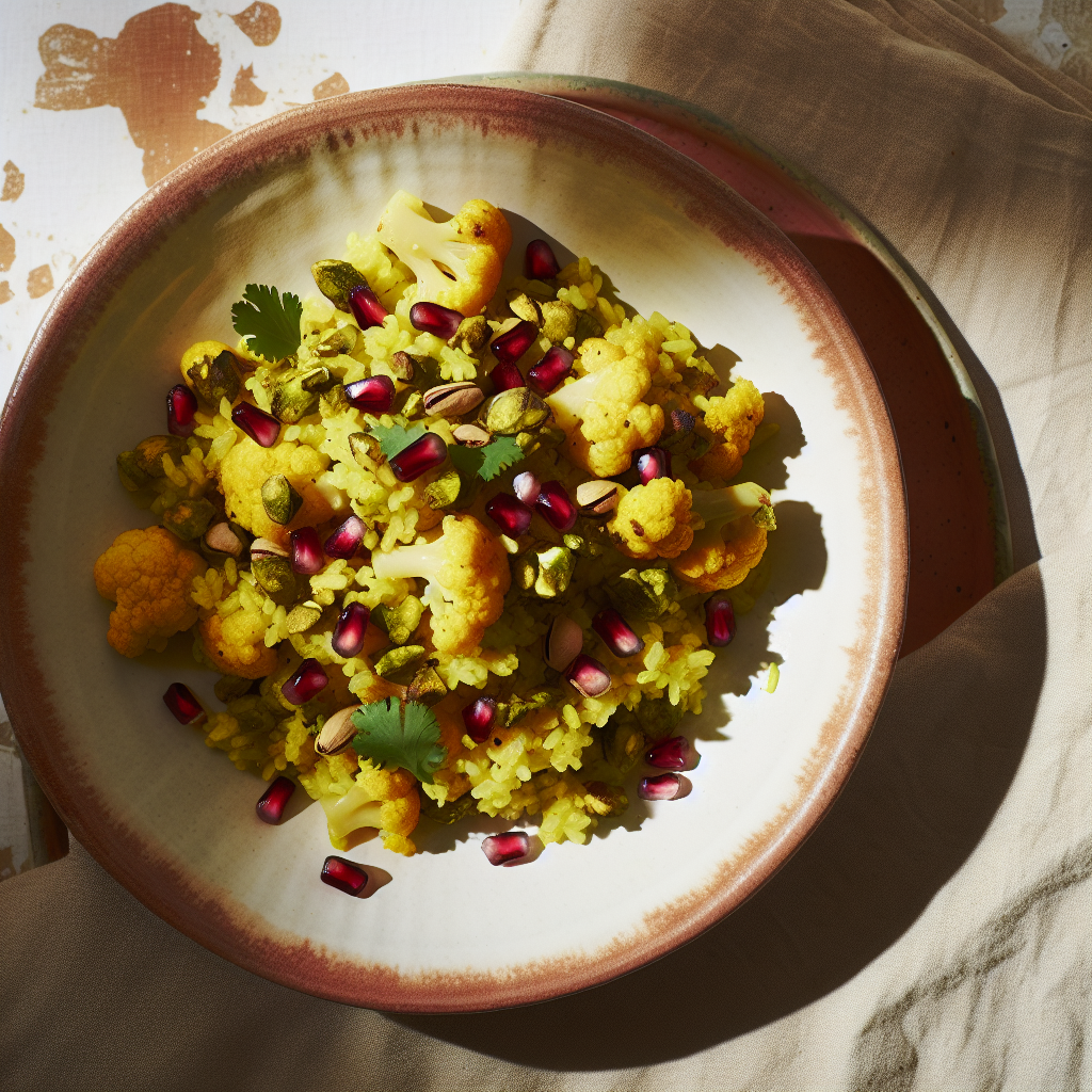 Golden Cauliflower & Pistachio Pilaf with Pomegranate Seeds