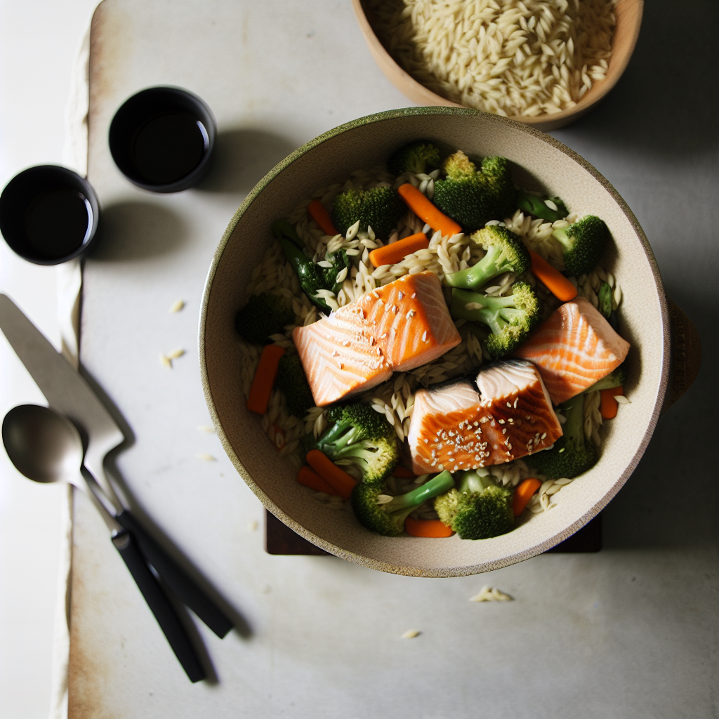 One-Pot Teriyaki Salmon & Veggie Orzo