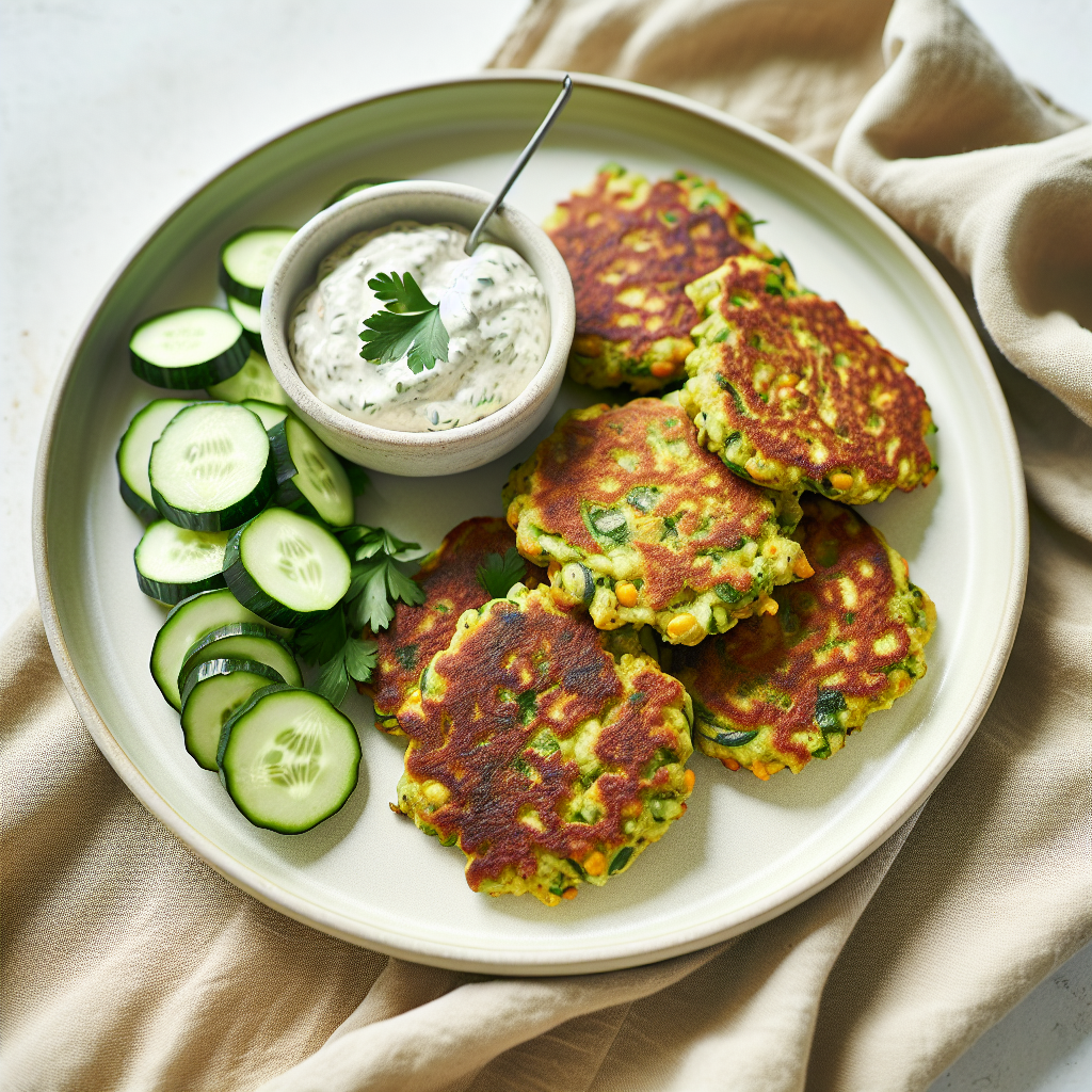 Zucchini & Lentil Breakfast Fritters with Cucumber Tahini Dip